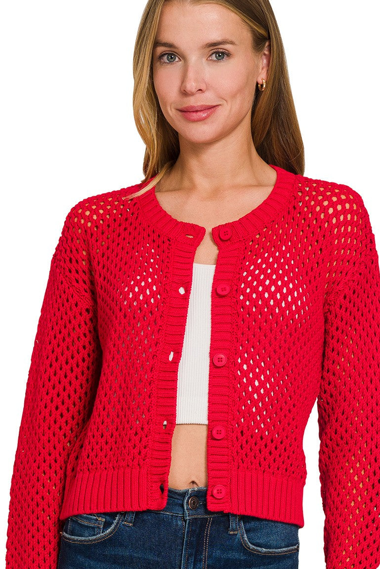 Crochet Cardigan Sweater Top | Red