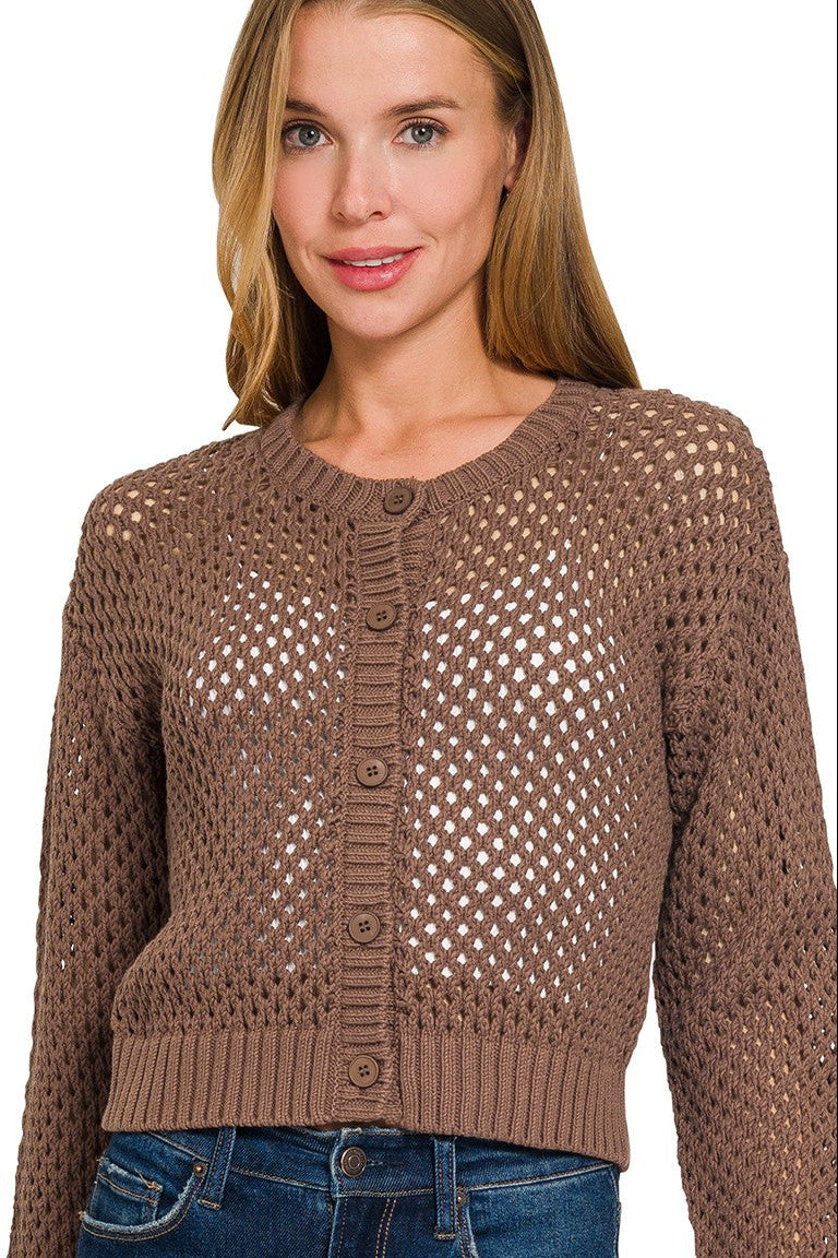Crochet Cardigan Sweater Top | Brown