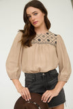 Floral Embroidered Yoke Top | Taupe