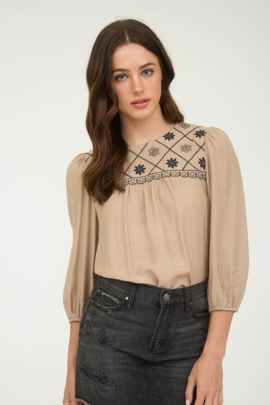 Floral Embroidered Yoke Top | Taupe