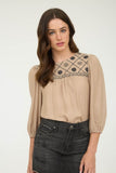 Floral Embroidered Yoke Top | Taupe