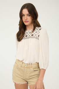 Floral Embroidered Yoke Top | Cream