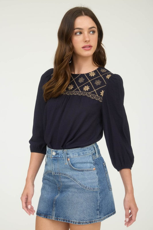 Floral Embroidered Yoke Top | Navy