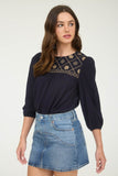 Floral Embroidered Yoke Top | Navy