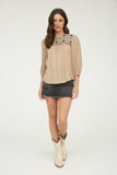 Floral Embroidered Yoke Top | Taupe