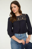 Floral Embroidered Yoke Top | Navy