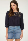 Floral Embroidered Yoke Top | Navy
