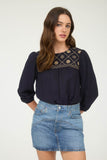Floral Embroidered Yoke Top | Navy