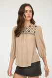 Floral Embroidered Yoke Top | Taupe