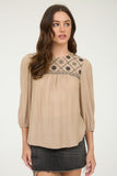 Floral Embroidered Yoke Top | Taupe