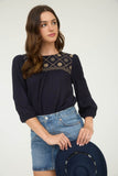 Floral Embroidered Yoke Top | Navy