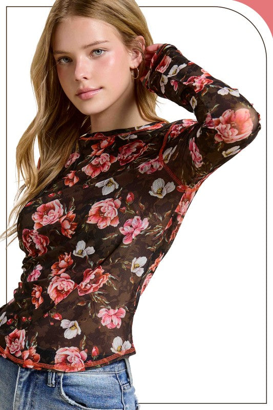 Semi Sheer Mesh Floral Layering Top | Black