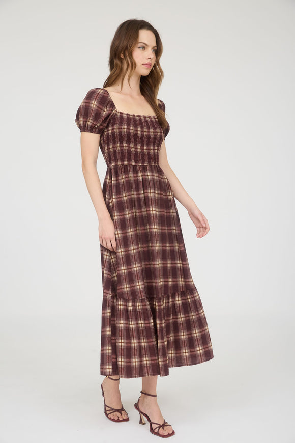 Smocked Flutter Sleeve Tiered Midi Dress | Burgundy Plaid