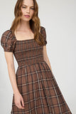 Smocked Flutter Sleeve Tiered Midi Dress | Brown Plaid