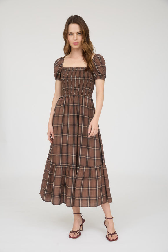 Smocked Flutter Sleeve Tiered Midi Dress | Brown Plaid
