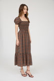 Smocked Flutter Sleeve Tiered Midi Dress | Brown Plaid