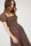 Smocked Flutter Sleeve Tiered Midi Dress | Brown Plaid