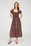 Smocked Flutter Sleeve Tiered Midi Dress | Burgundy Plaid