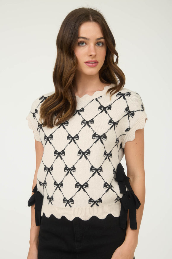Bow Pattern Side Tie Sweater Top | Light Khaki