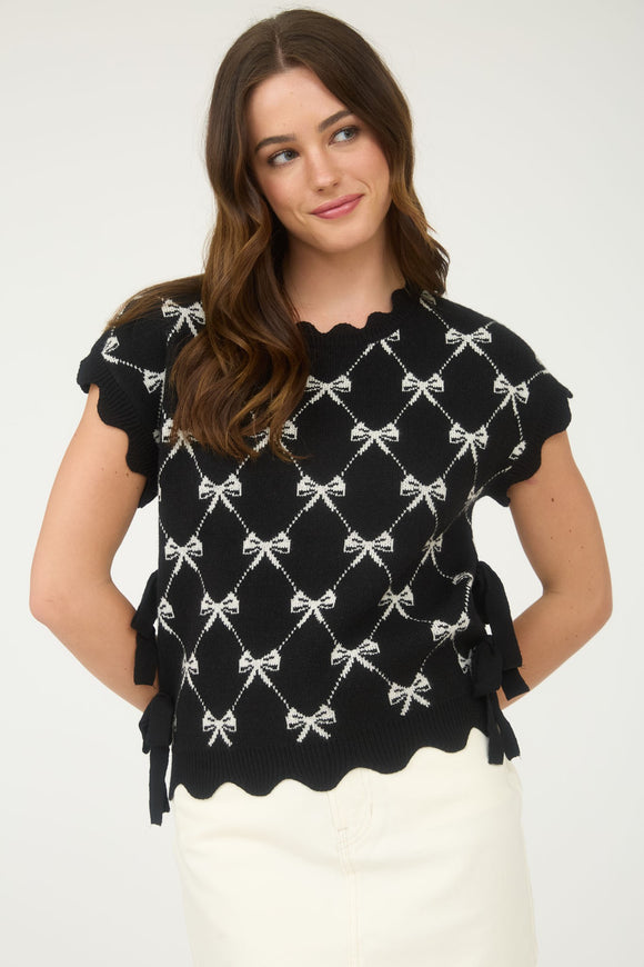 Bow Pattern Side Tie Sweater Top | Black