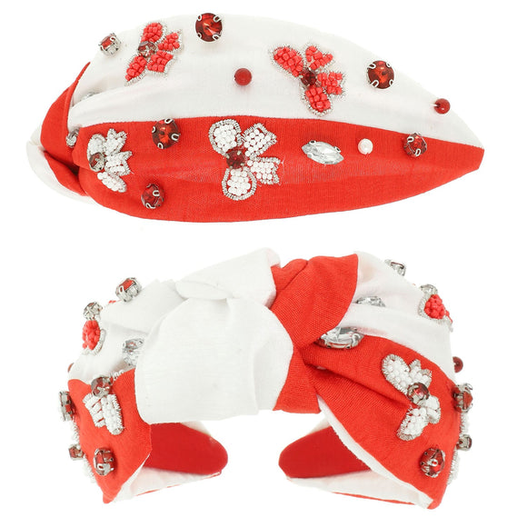 Crystal Bow Beaded Gameday Headband | Red/White