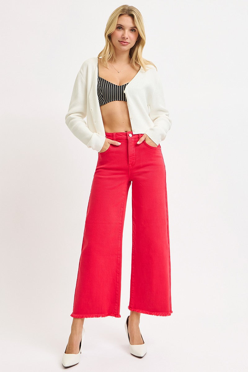 Risen Jeans | Tummy Control High Rise Crop Wide Scarlet