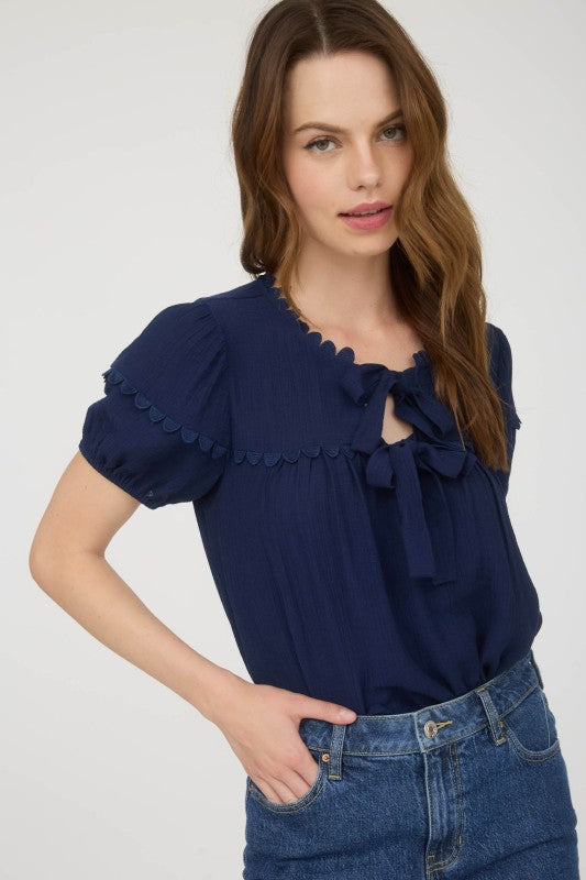 Scallop Trim Front Tie Detail Top | Navy