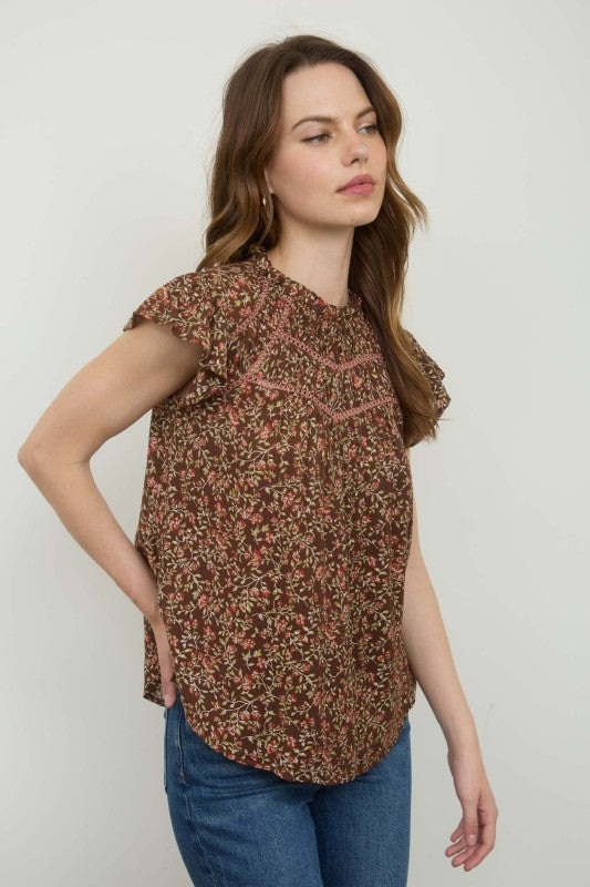 Floral Yoke Trim Detail Top | Brown