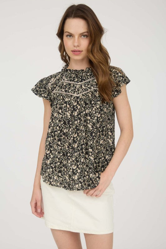 Floral Yoke Trim Detail Top | Black