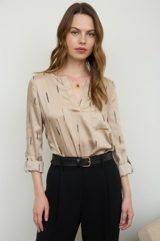 Brush Stroke Satin Top | Khaki