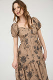 Textured Floral Sweetheart Neck Midi Dress | Khaki