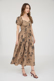 Textured Floral Sweetheart Neck Midi Dress | Khaki