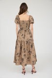 Textured Floral Sweetheart Neck Midi Dress | Khaki
