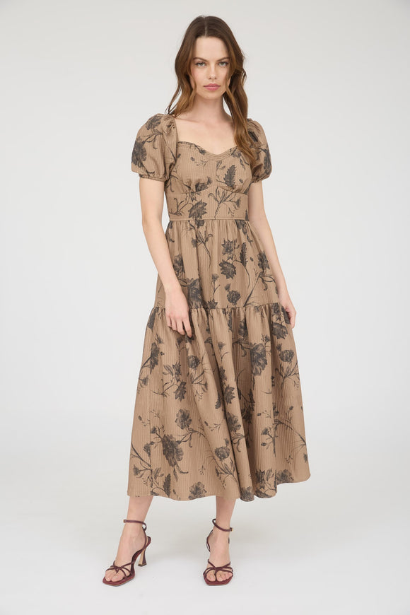 Textured Floral Sweetheart Neck Midi Dress | Khaki