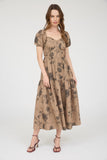 Textured Floral Sweetheart Neck Midi Dress | Khaki