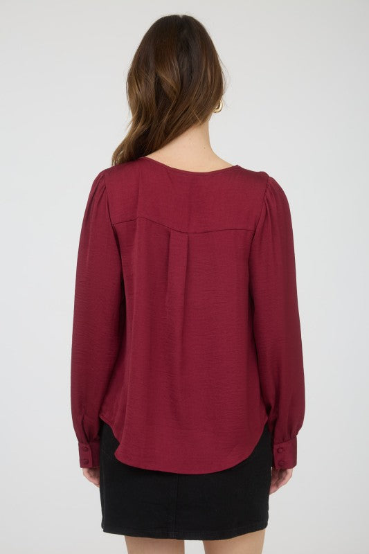 Satin Button Detail Top | Burgundy