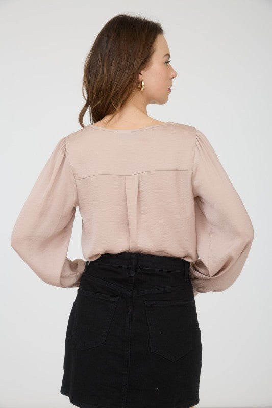 Satin Button Detail Top | Taupe