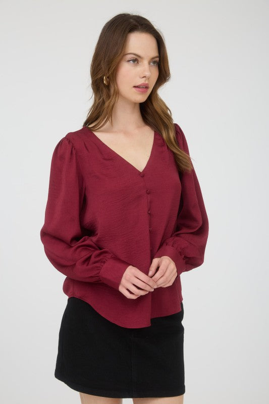 Satin Button Detail Top | Burgundy