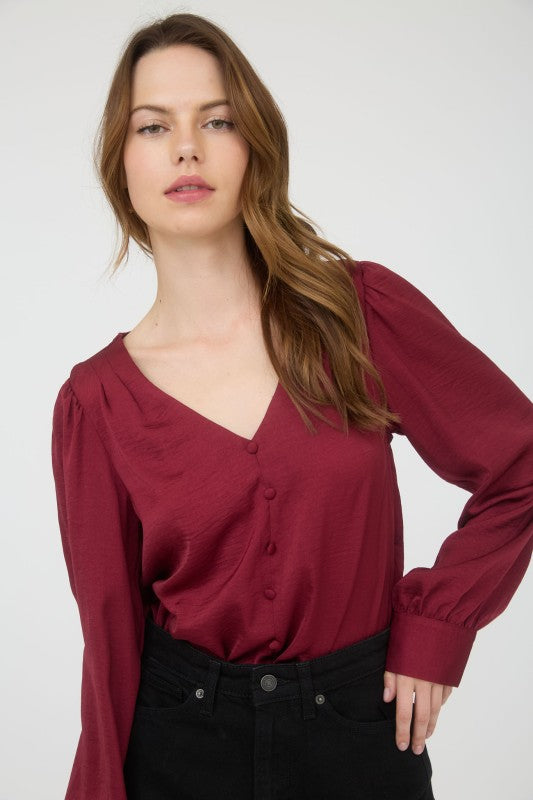 Satin Button Detail Top | Burgundy