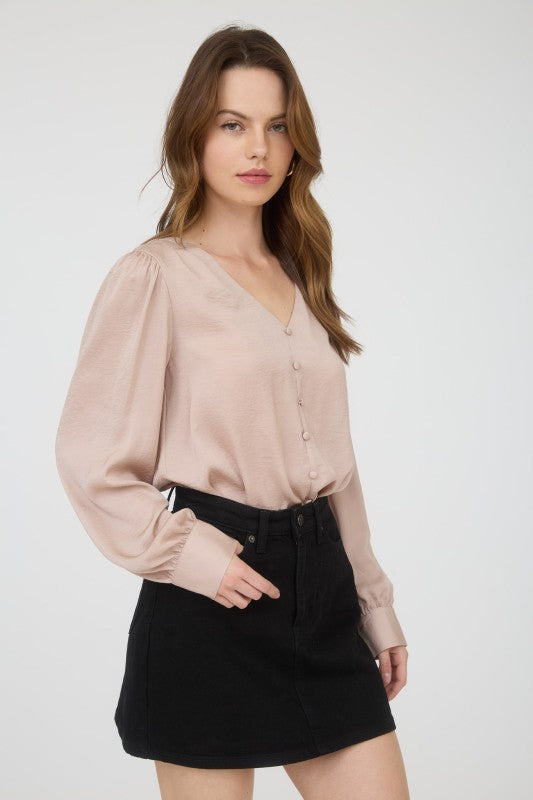 Satin Button Detail Top | Taupe