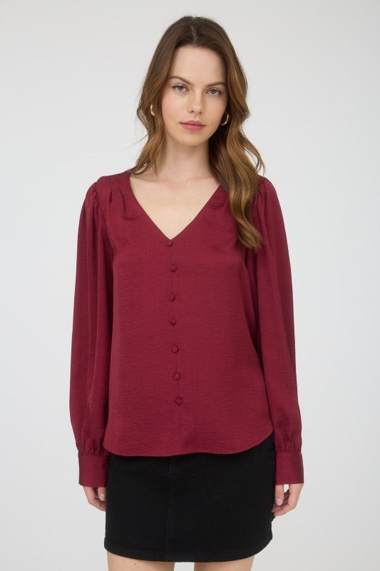 Satin Button Detail Top | Burgundy