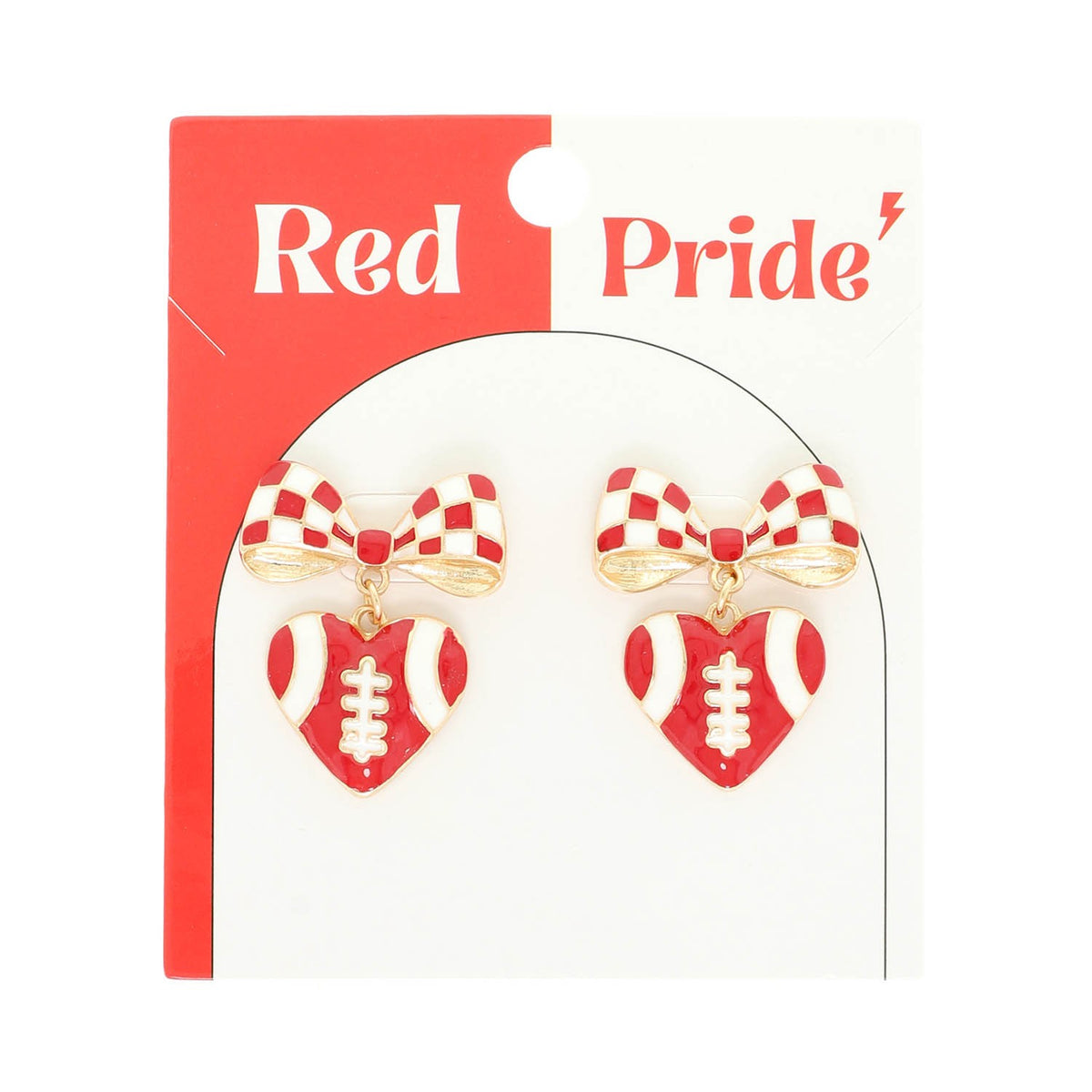 Football Heart Checker Bow Earrings | Red/Gold