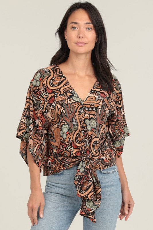 Western V-Neck Front Tie Blouse Top | Black