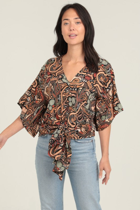 Western V-Neck Front Tie Blouse Top | Black