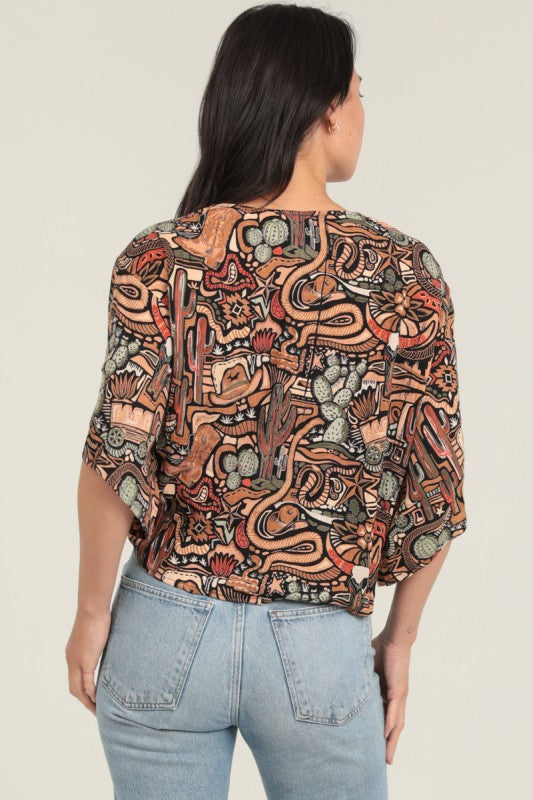 Western V-Neck Front Tie Blouse Top | Black