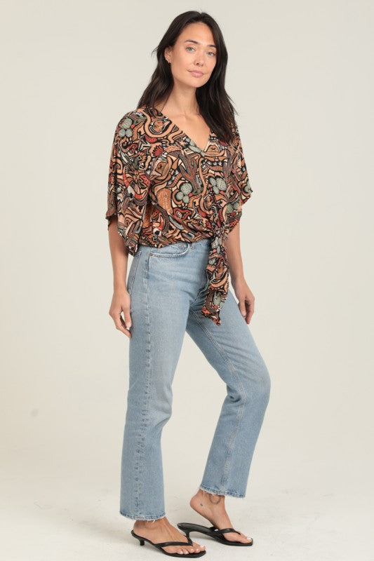 Western V-Neck Front Tie Blouse Top | Black