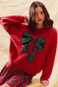 Plaid Ribbon Bow Sweater Top | Red
