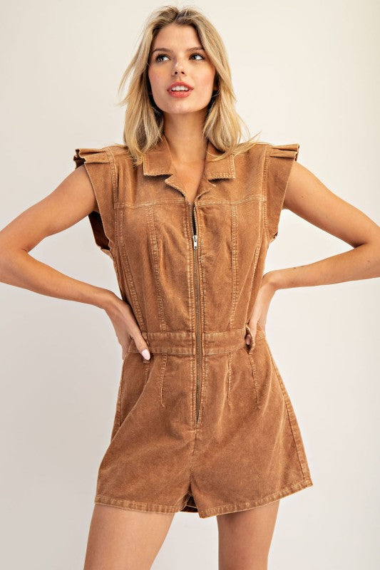 Corduroy Zipper Romper | Camel