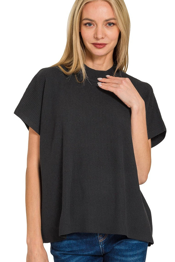 Ribbed Mock Neck Boxy Sweater Top | Black