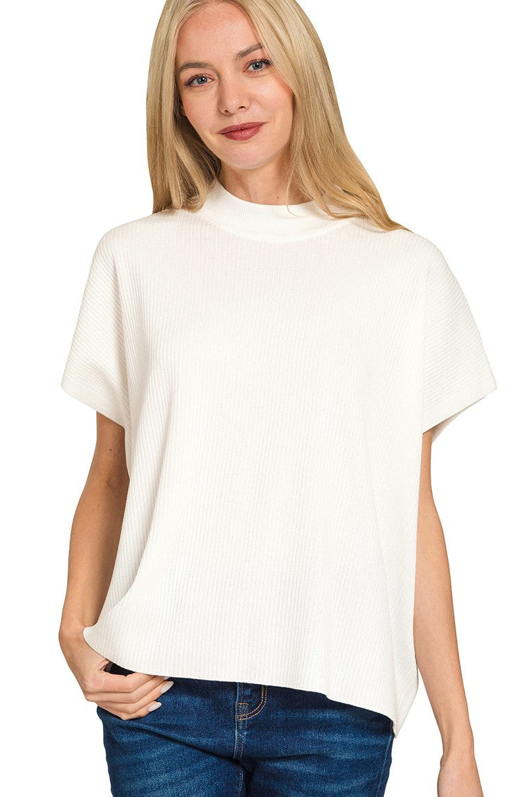 Ribbed Mock Neck Boxy Top | Ivory